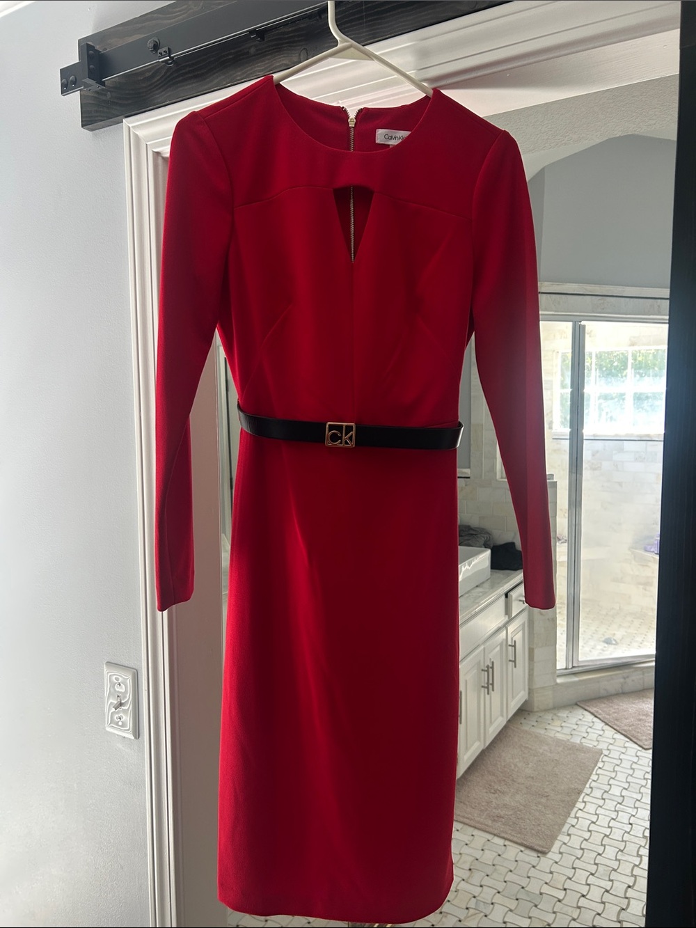 Calvin Klein Red Long-Sleeve Sheath Dress with Black Logo Belt
